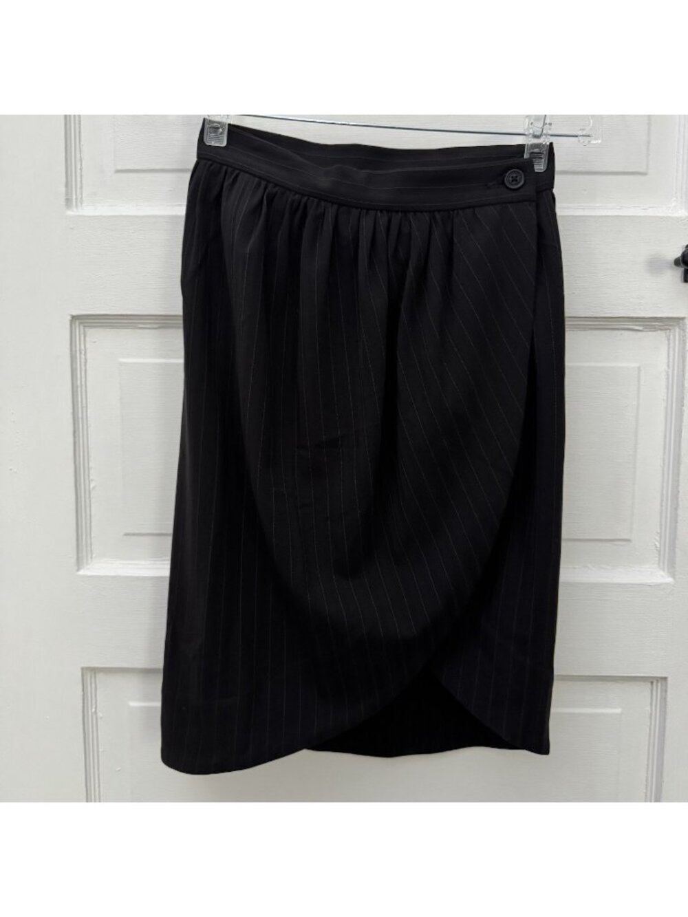 Women’s XS Black Pinstripe Wrap Pencil Skirt Tulip Hem Made in Italy